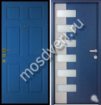 Входная синяя дверь с зеркалом и стеклянными вставками - купить от производителя Мосдвери Входная синяя дверь с зеркалом и стеклянными вставками